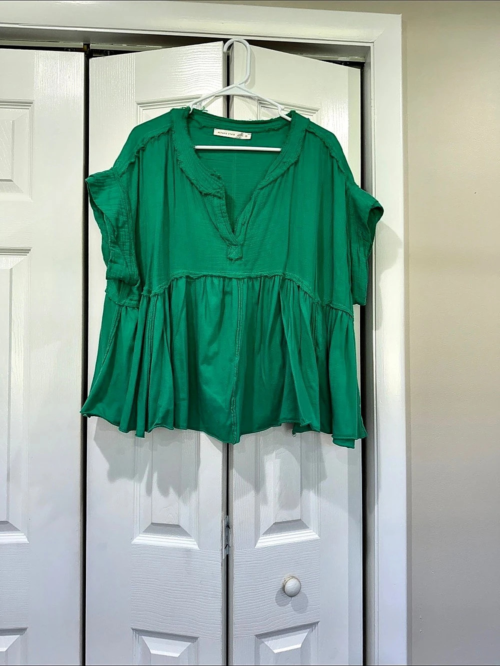 Sunray Babydoll Top Green Ruffle Neck Blouse